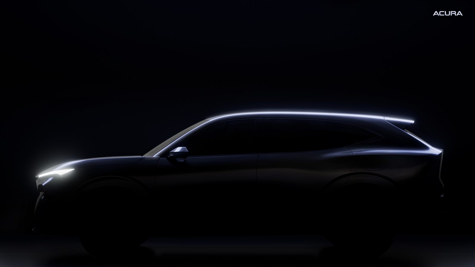 Acura RDX Hybrid teaser Dark teaser image showing the lit outline of the next-generation Acura RDX Hybrid SUV in side profile