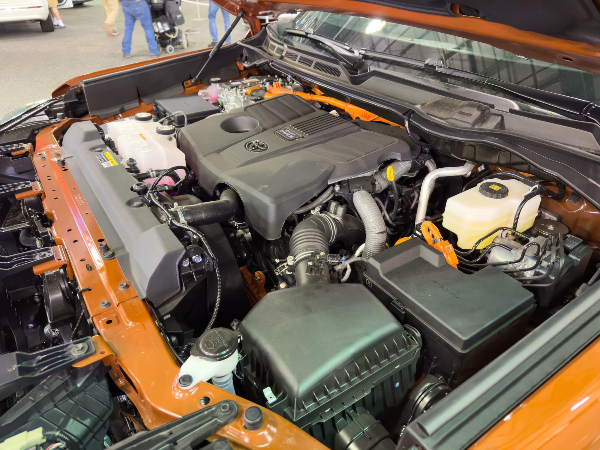 Toyota Tundra engine bay Engine bay of a Toyota Tundra with the twin-turbo V6 under the hood