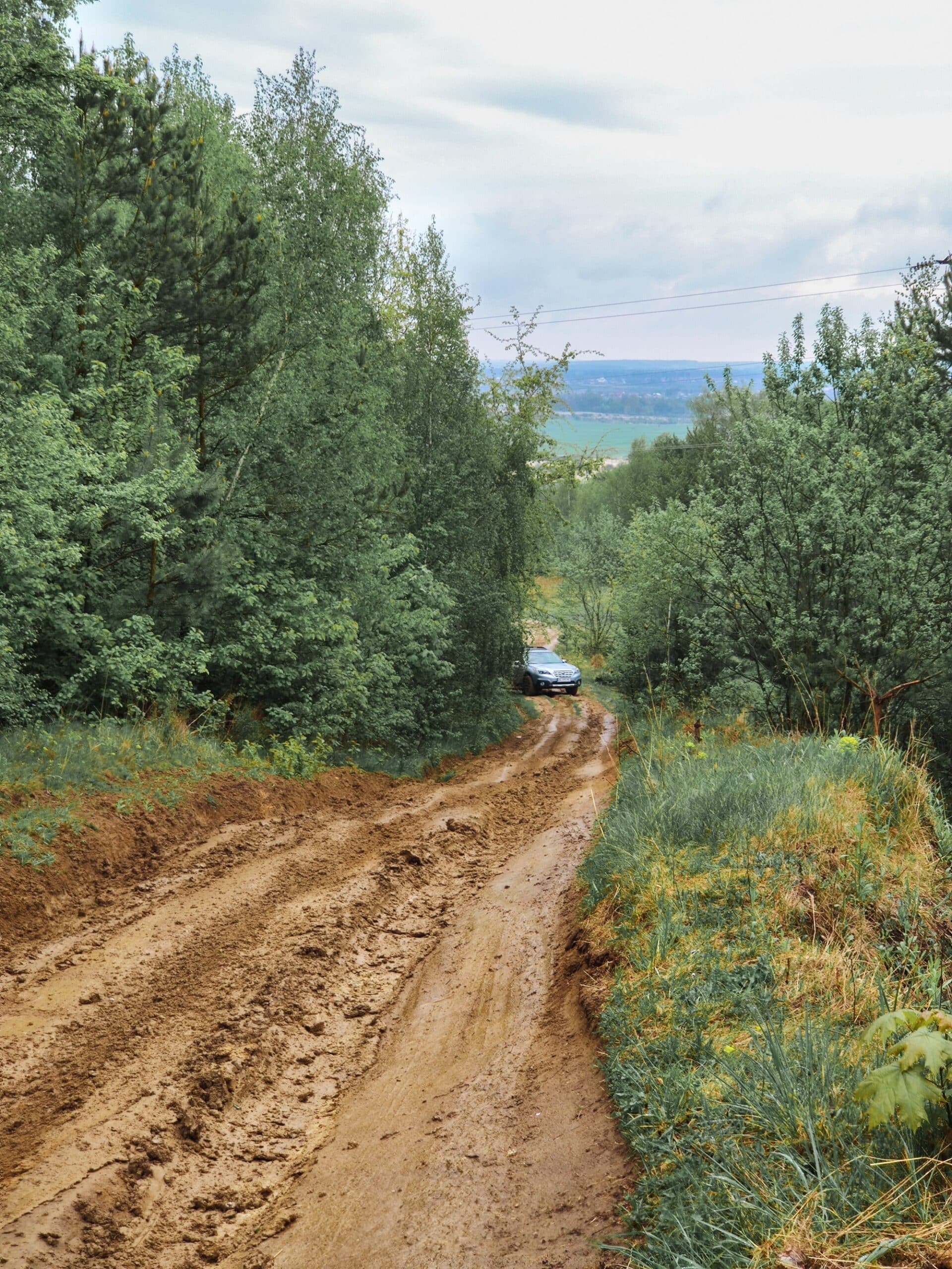Rutted forest track Rutted dirt track through a forest with an SUV in the distance