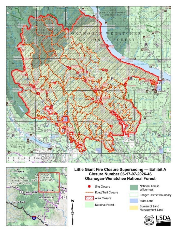 Forest Service map of the reduced Little Giant Fire closure area, Exhibit A, October 14, 2026