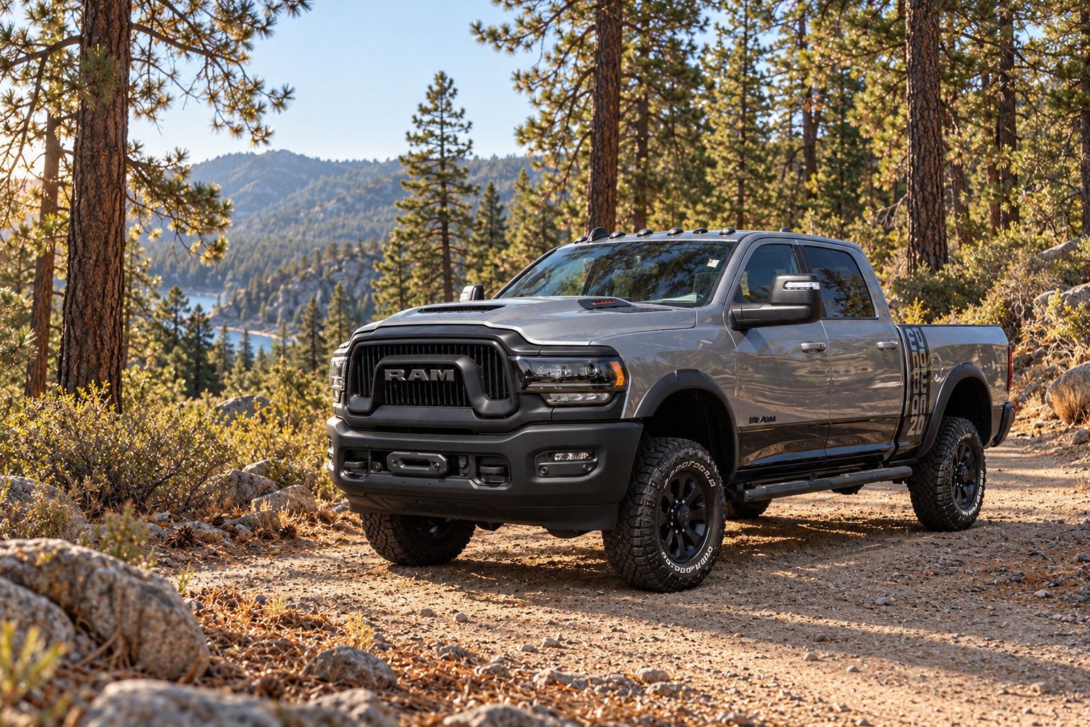 Gray Ram 2500 heavy-duty pickup on a dirt mountain road above a lake