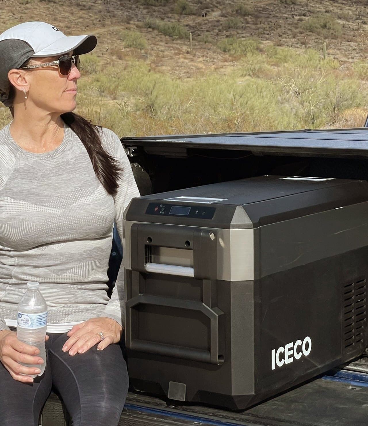 ICECO JP40 Pro compressor fridge on a tailgate ICECO JP40 Pro compressor fridge on a truck tailgate in the desert