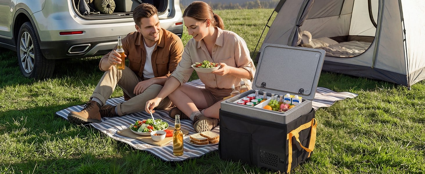 VEVOR 42.3 QT compressor fridge on a picnic VEVOR 42.3 QT compressor fridge open on a picnic blanket next to a car and tent