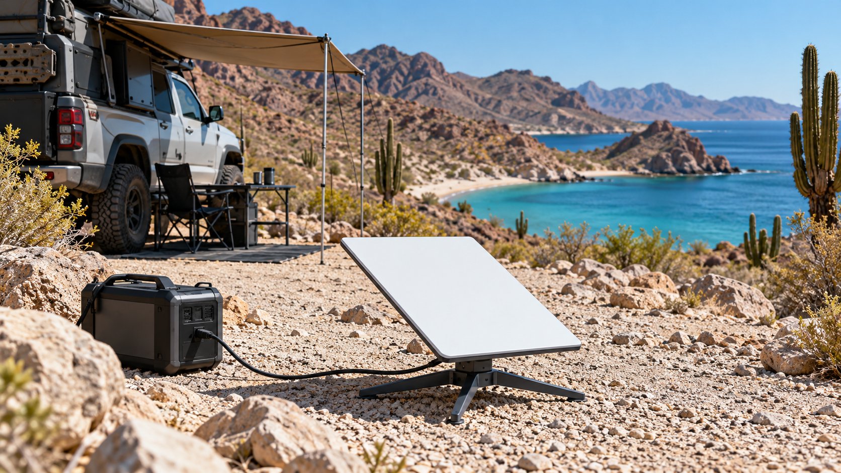 Starlink in Mexico camp setup with a Starlink Mini and power station on a desert bluff above a turquoise bay