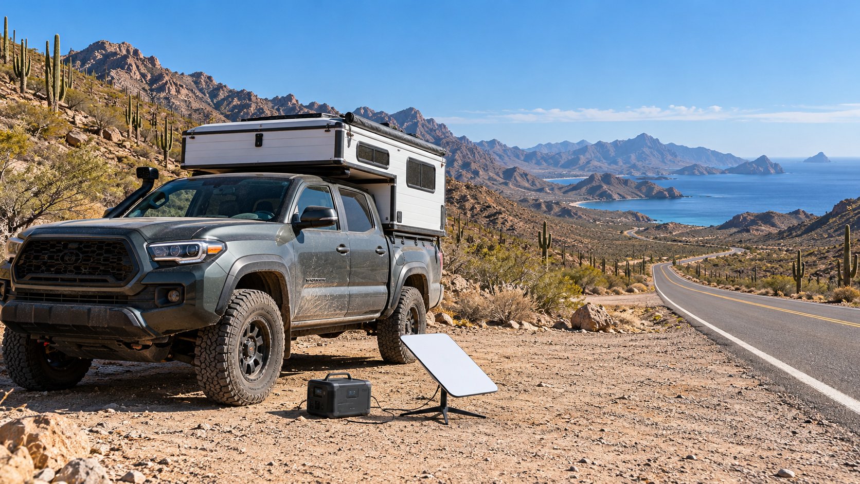 Pickup truck camper parked at a desert highway pullout, with a Starlink Mini and power station on the ground