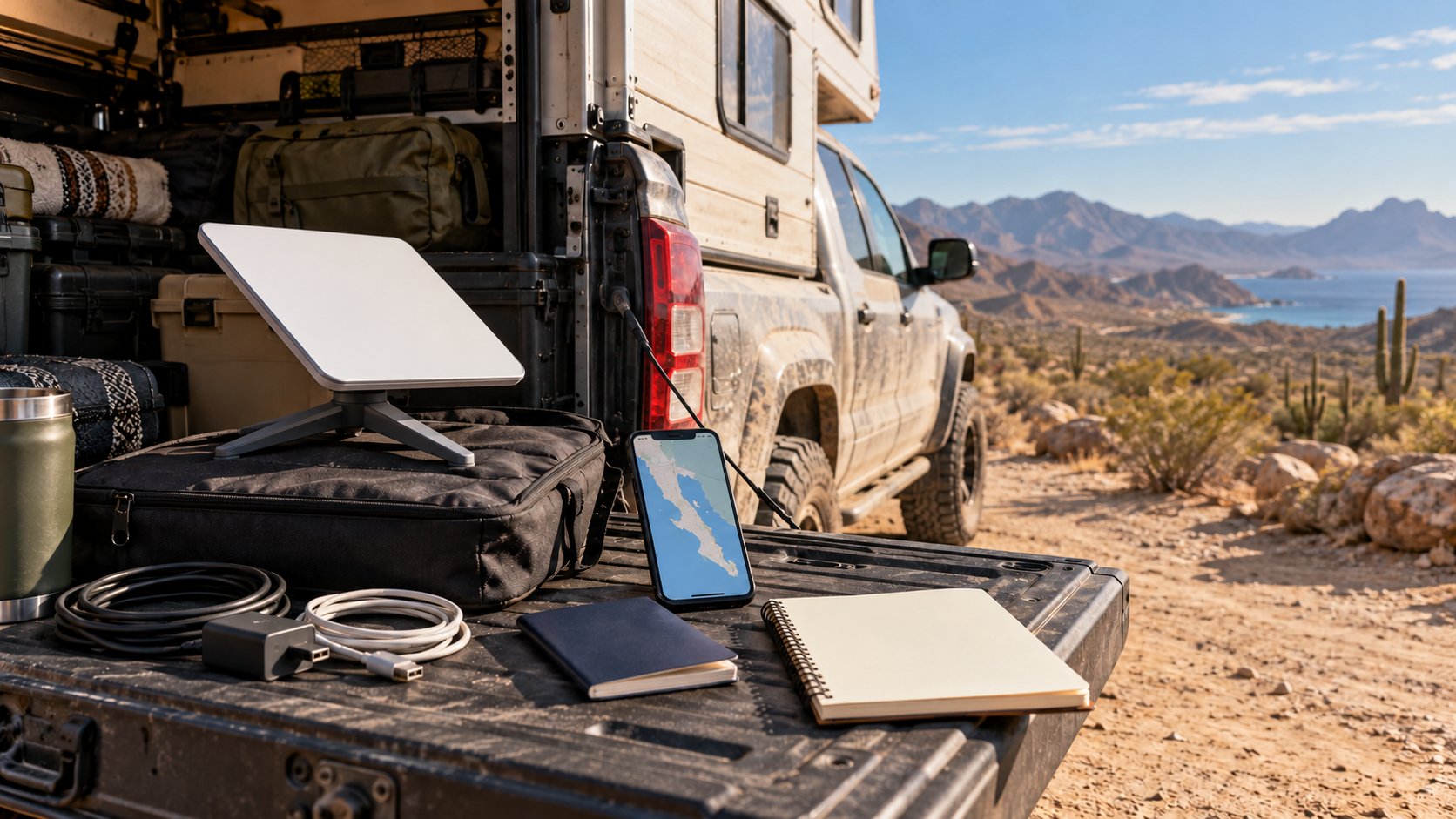 Passport, phone showing a map of Baja California, and a Starlink Mini on a truck tailgate