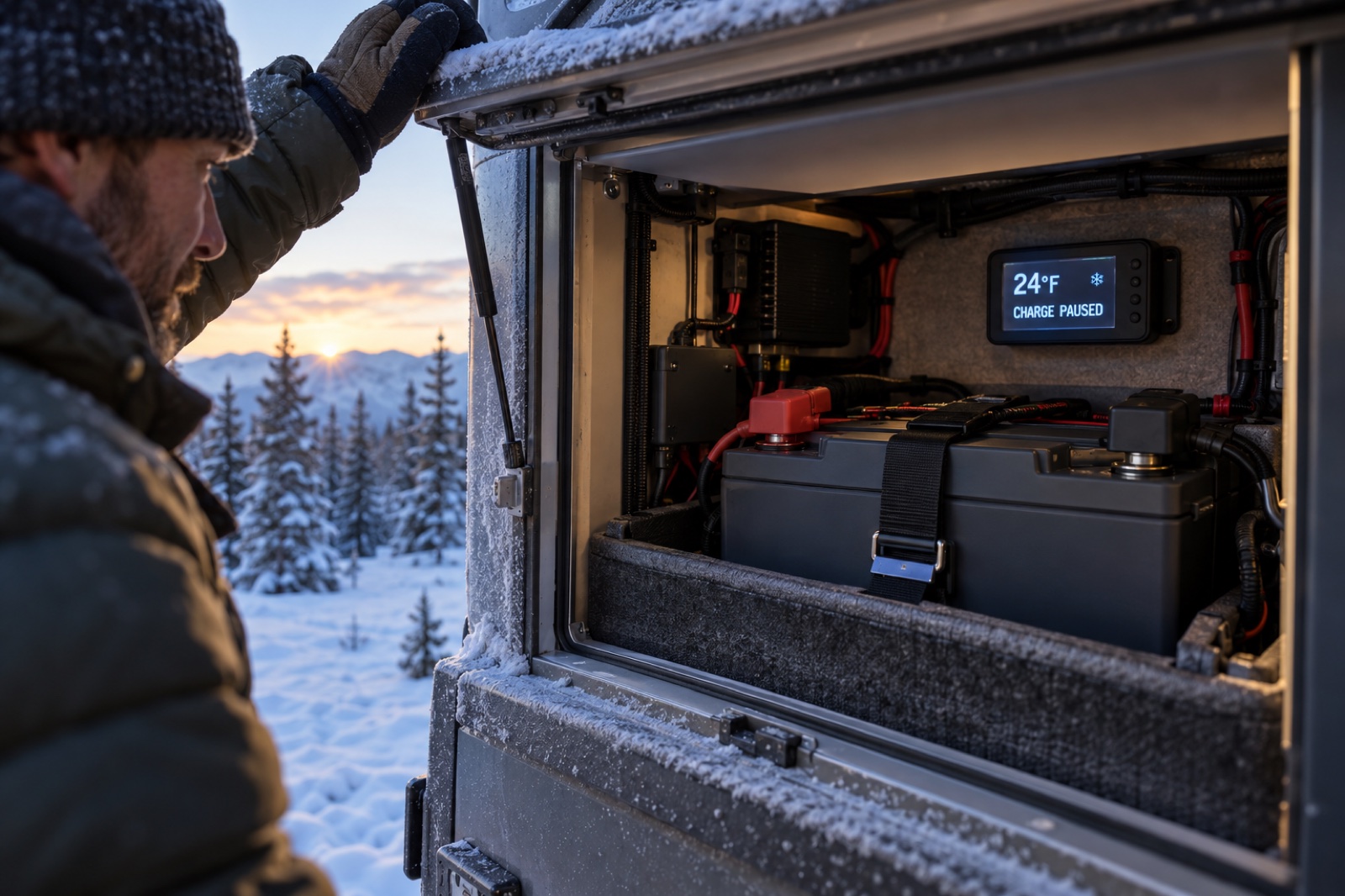 Cold-Weather Lithium Battery Charging Protection Camper inspecting an insulated auxiliary battery with a monitor showing 24°F and charging paused
