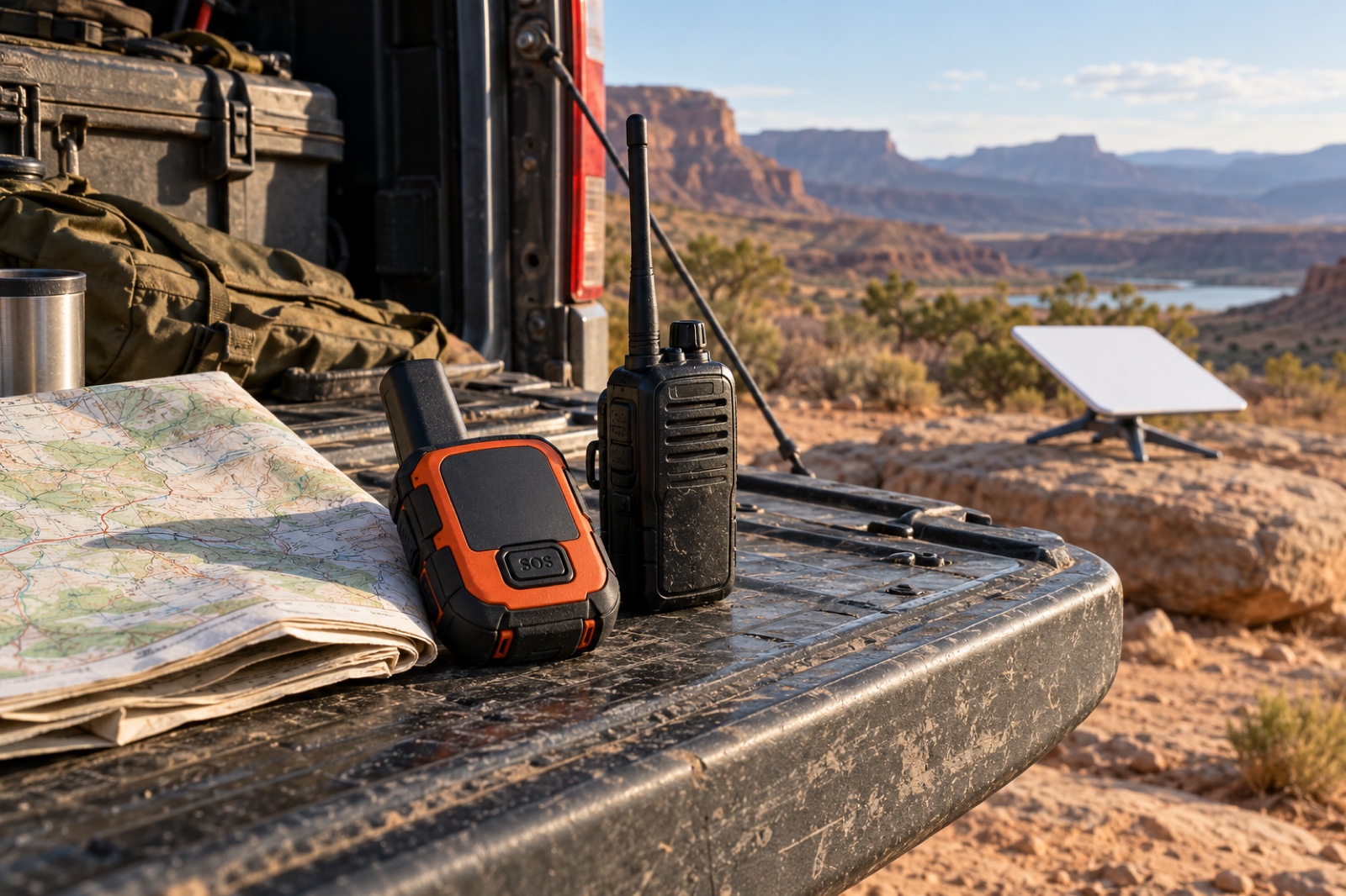 Layer Satellite SOS, Internet and Two-Way Radio Satellite SOS messenger, handheld radio and paper map on a tailgate with an internet terminal behind them