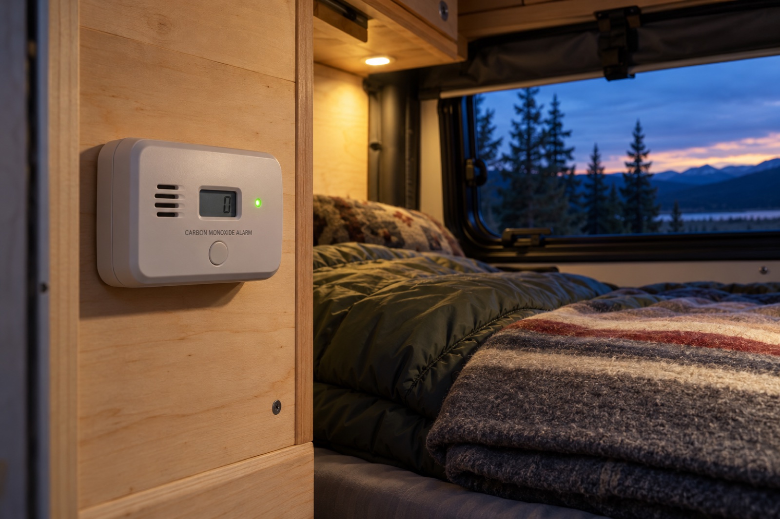 Carbon Monoxide Alarm Beside a Camper Sleeping Area Carbon monoxide alarm mounted beside a sleeping bag inside a truck camper at dusk