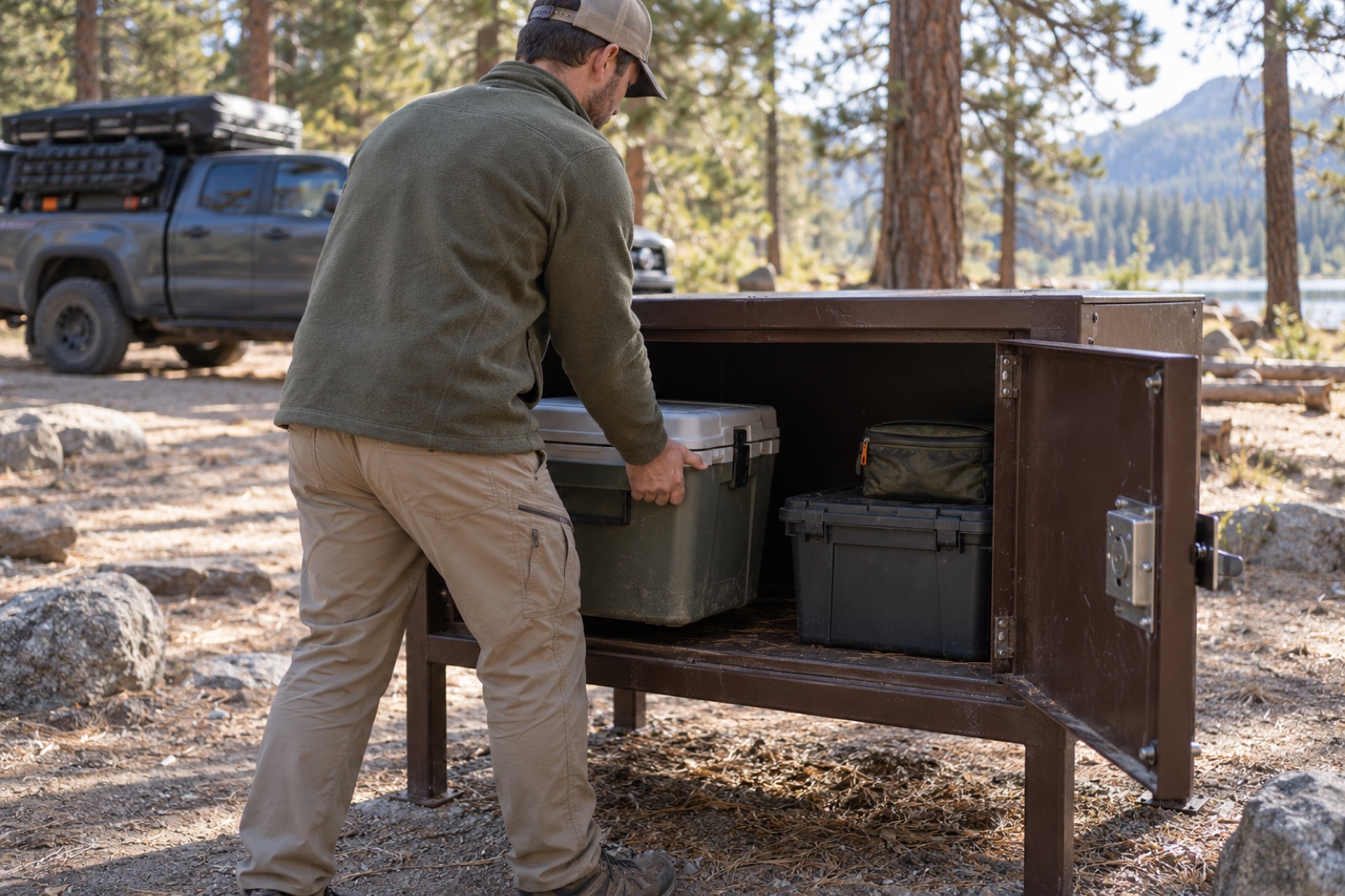 Store Food and Toiletries in a Campground Bear Locker Camper placing a cooler beside a food tote and toiletry bag inside a metal campground bear locker