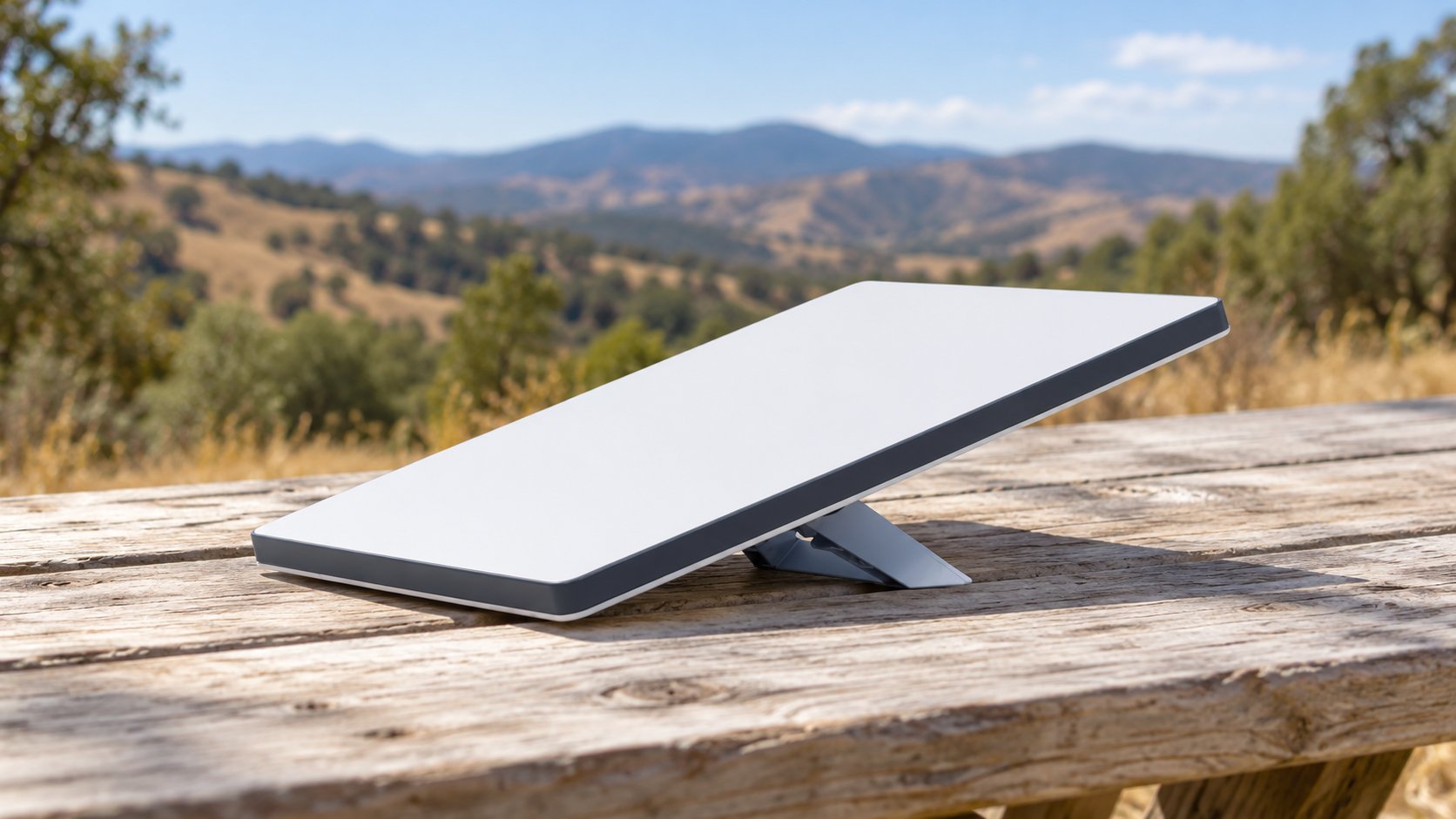 Starlink Mini for camping on its kickstand on a picnic table above golden hills