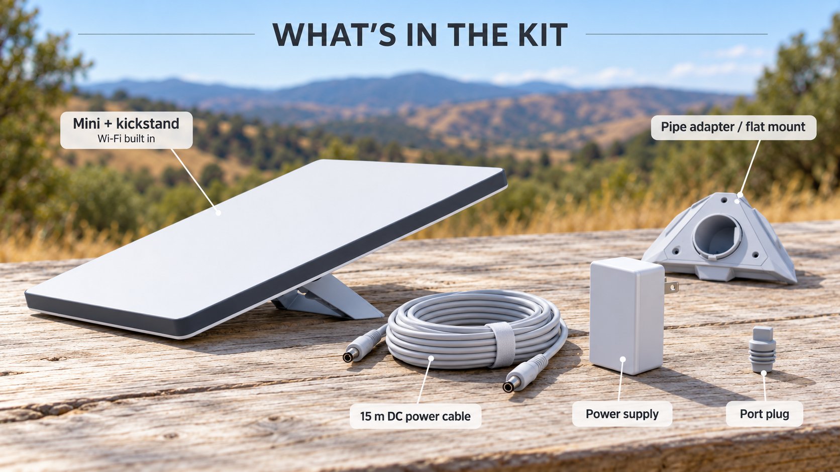 Satellite kit contents laid out: dish with kickstand, DC power cable, power supply, pipe adapter and port plug
