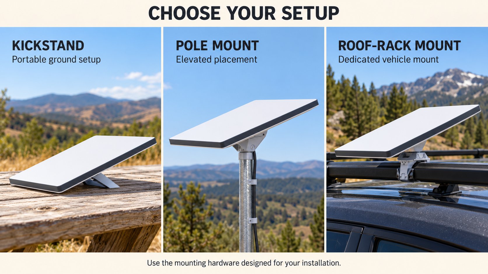 Starlink Mini for camping shown on a kickstand, a pole mount and a roof-rack mount