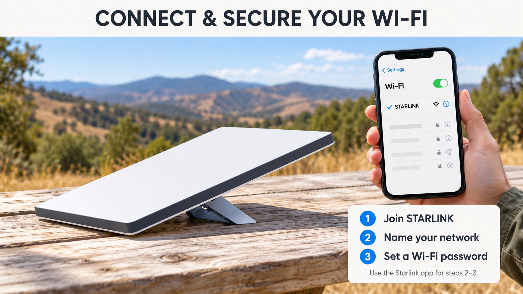 Phone joining the dish's Wi-Fi network next to a picnic table setup
