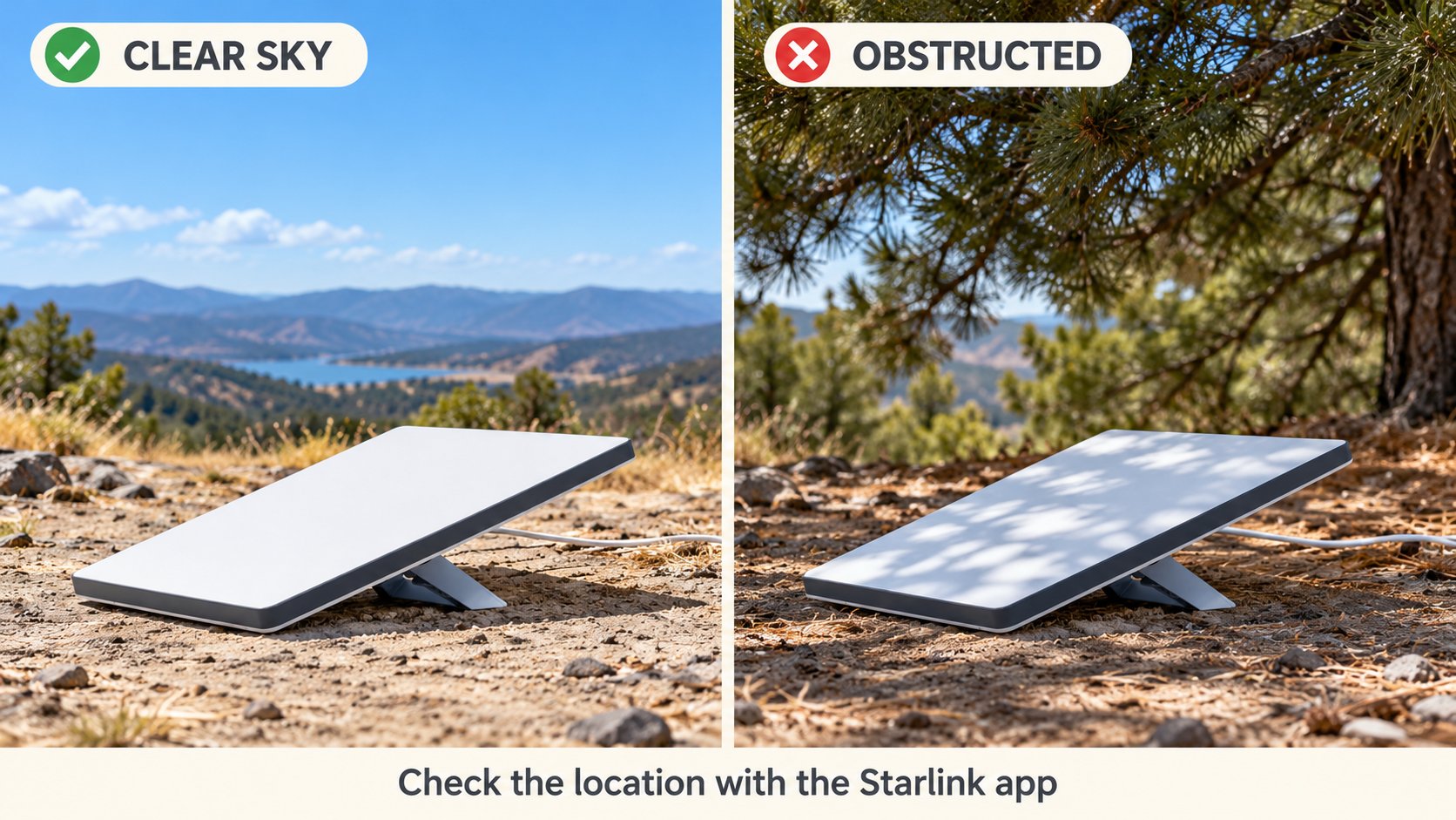Starlink Mini for camping under open sky beside the same dish shaded by a pine tree