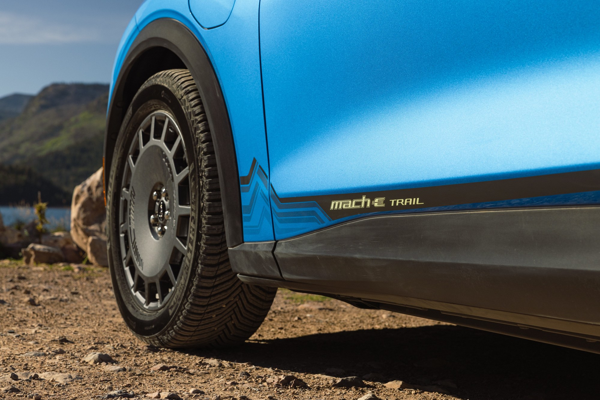 Mach-E Trail front wheel with the 19-inch wheel, Michelin CrossClimate 2 tire and Mach-E Trail door graphic