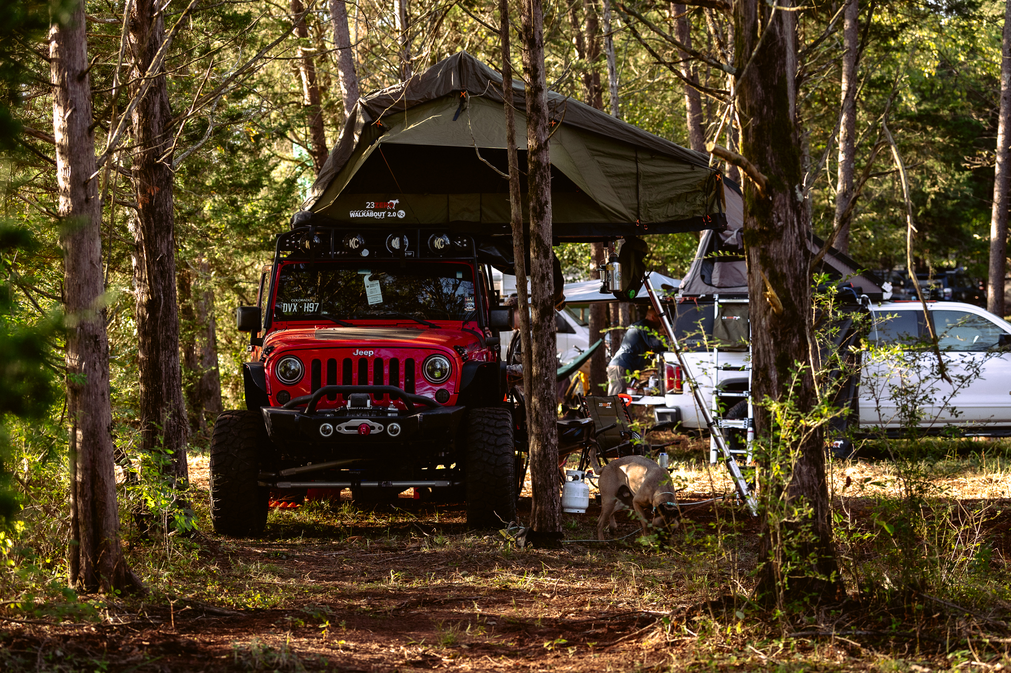 Camping at Overland Expo East Red Jeep Wrangler with a rooftop tent at a forest campsite at Overland Expo East