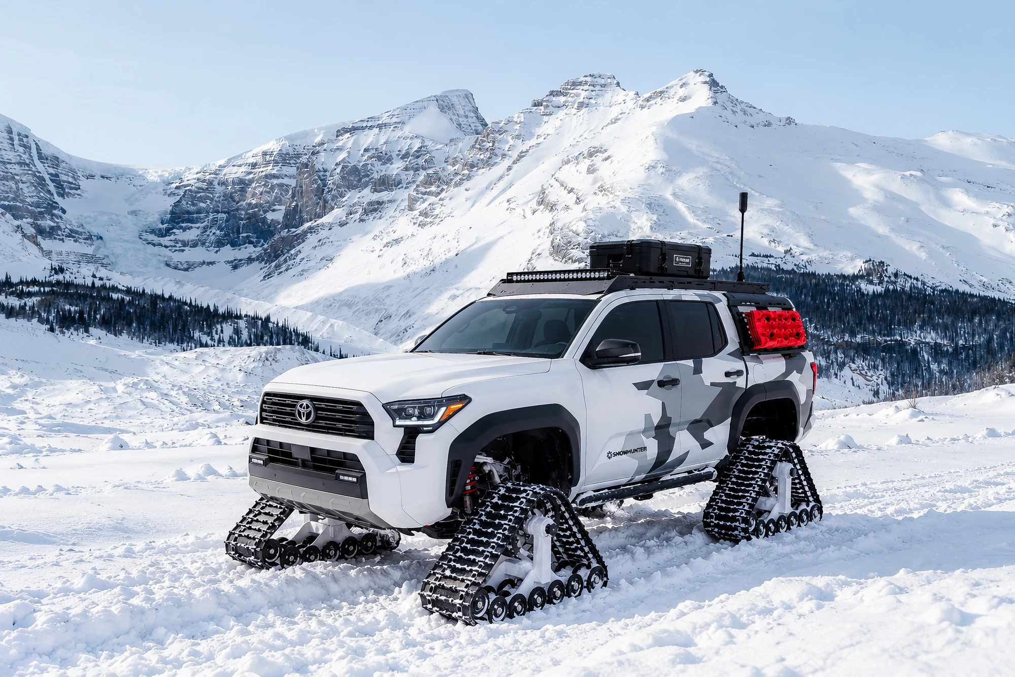 Tacoma Snowhunter concept Tacoma Snowhunter concept with roof rack and red fuel cans on white snow tracks
