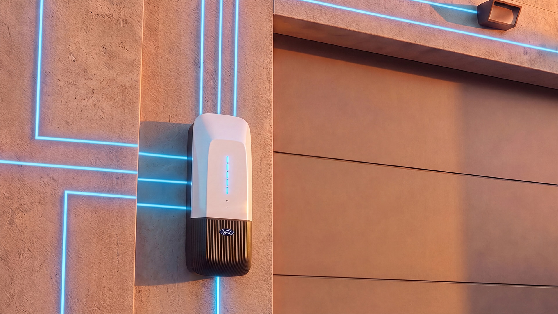 Ford Home Power Station on a garage wall Ford Home Power Station charger mounted on an exterior wall beside a garage door