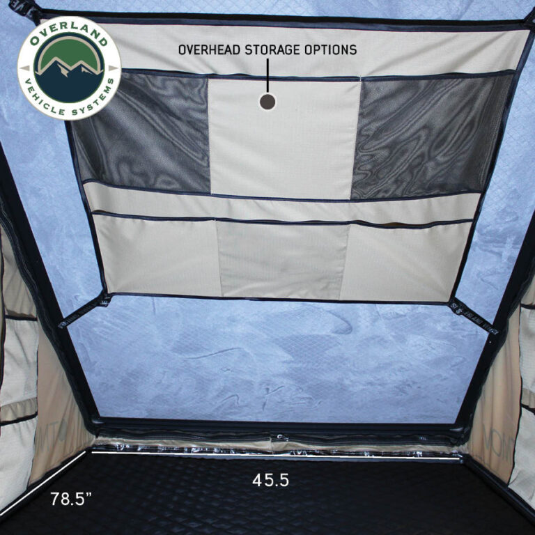 Inside the OVS LD TMON with overhead storage and a 78.5 by 45.5-inch bed