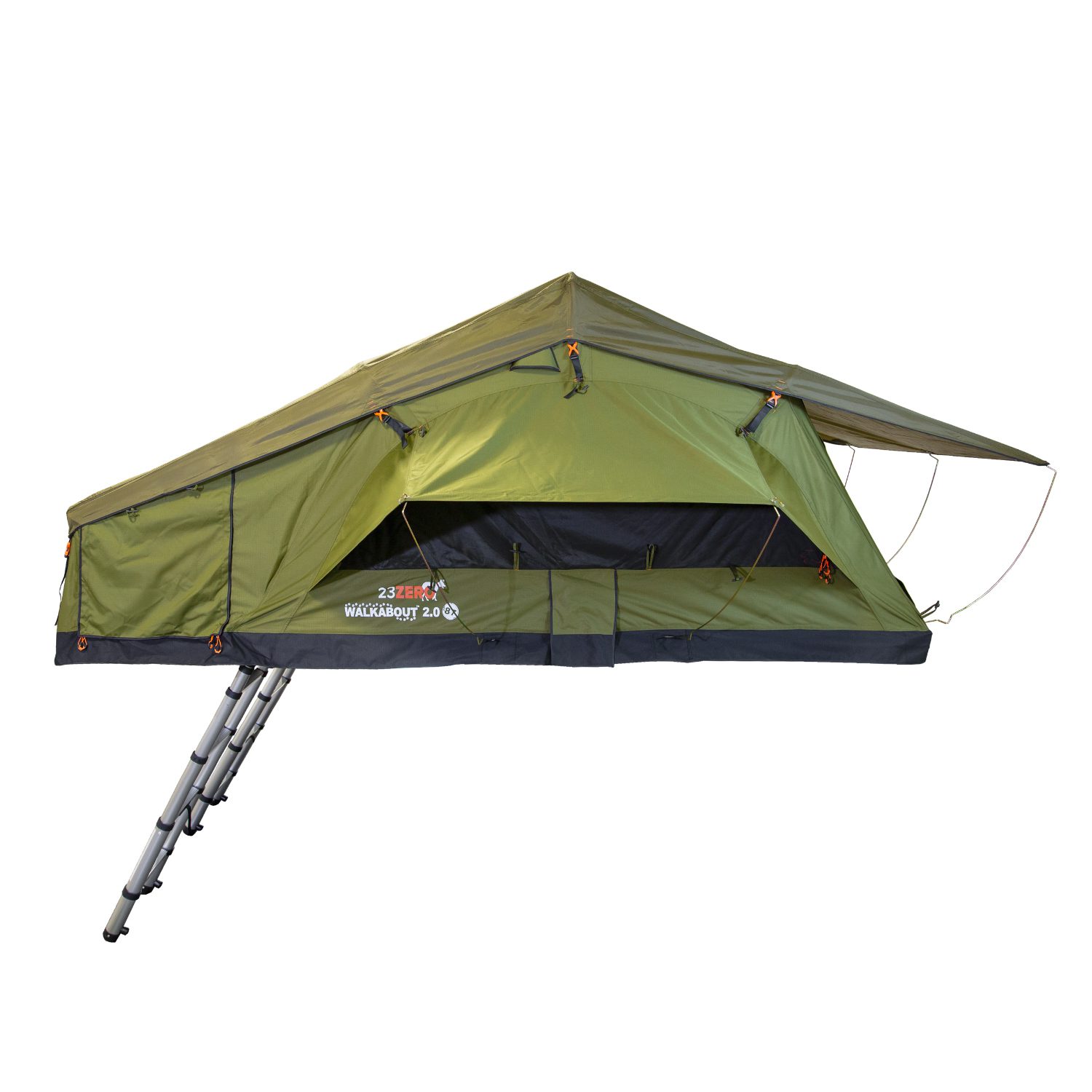 Walkabout 87 softshell open Rooftop tent buying guide example: 23Zero Walkabout 87 2.0 softshell open with two ladders