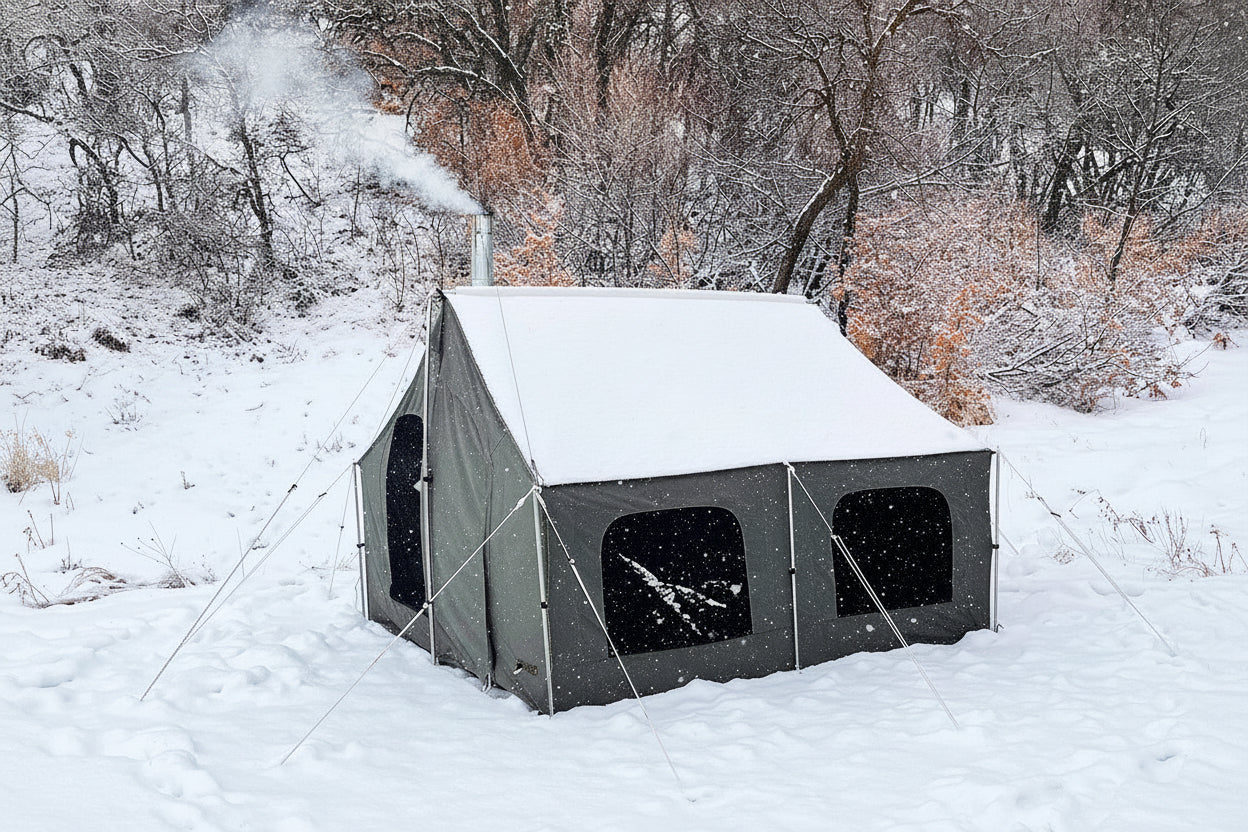 Cabin Lodge SR with a wood stove in snow Green canvas cabin tent in fresh snow with a wood stove pipe through its roof jack